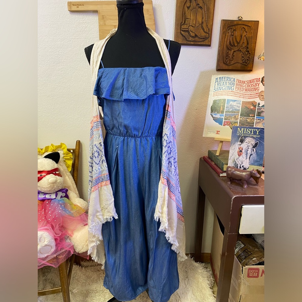 Harper Heritage Chambray Ruffle Wide Leg Crop Jumpsuit MEDIUM Boho Vest Included